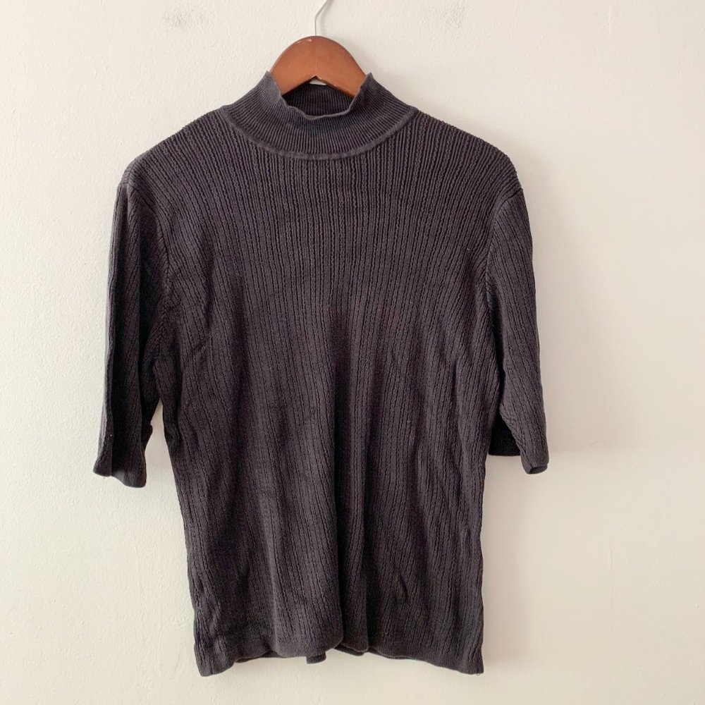 Vintage Talbots 100% Silk Sweater Top Turtleneck XL Women's Black Short Sleeve